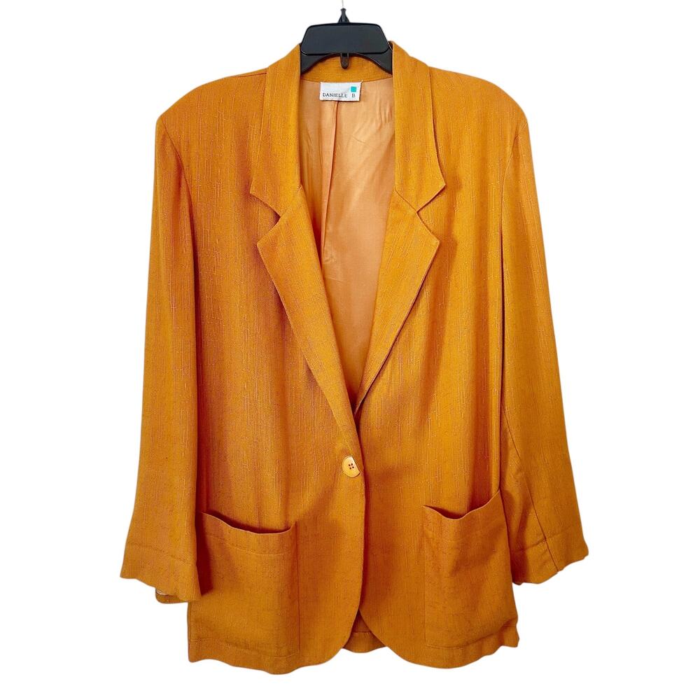 Vintage Danielle B Orange Lined Linen Blazer One-Button Jacket Artsy Size 12-14